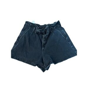 American Eagle High Waisted Paperbag Denim Shorts Washed Black Button Fly Size 8
